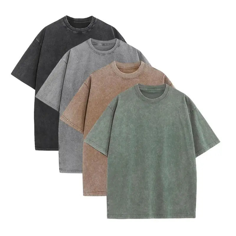 Distressed Washed Cotton 4-Pack Tees – Oversized Unisex Short Sleeve