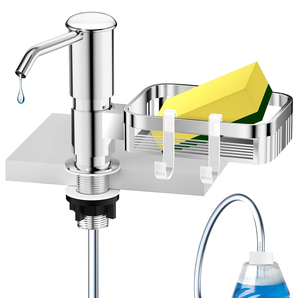 Mecyfaty Under Counter Soap Dispenser with 39" Extension Tube & Sponge Holder – Brushed Nickel