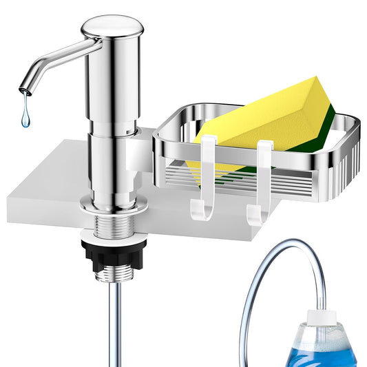 Mecyfaty Under Counter Soap Dispenser with 39" Extension Tube & Sponge Holder – Brushed Nickel