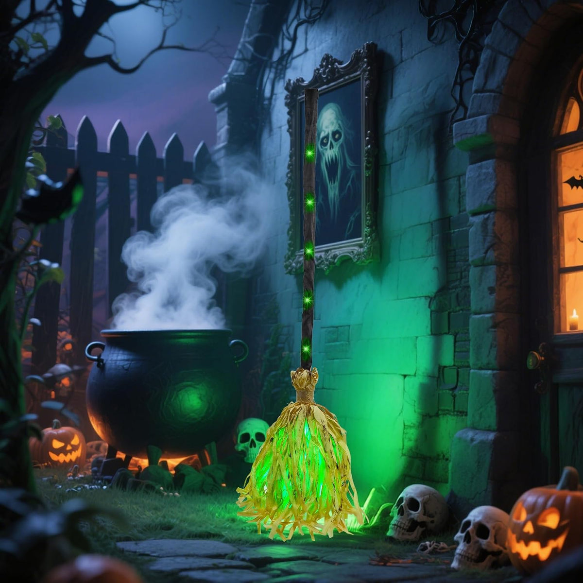 DR.DUDU 35" Animated Witch Broom – Moving, Sound & Touch Activated Halloween Decor