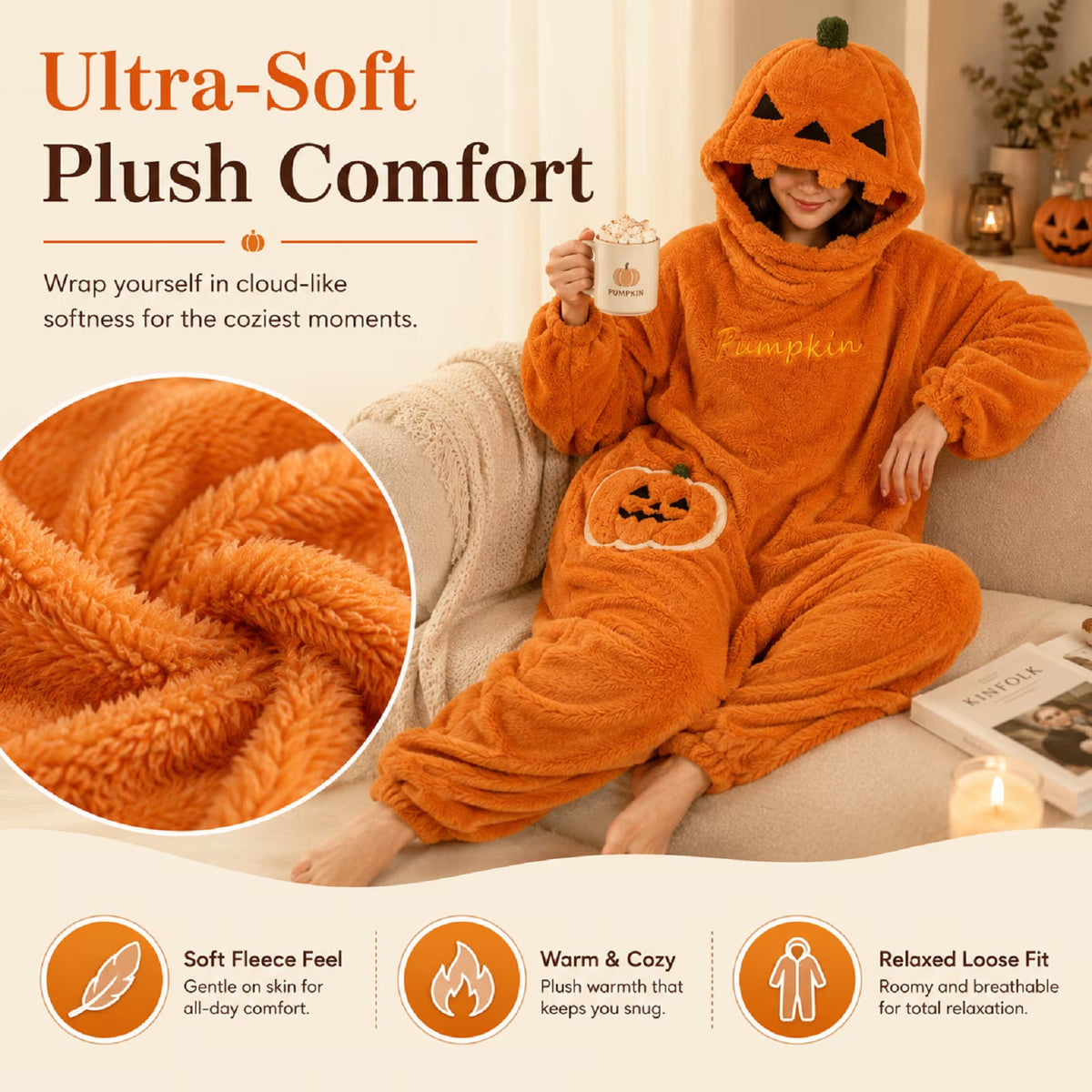 Pumpkin Onesie Halloween Fleece Costume – Oversized Hooded Jumpsuit for Women