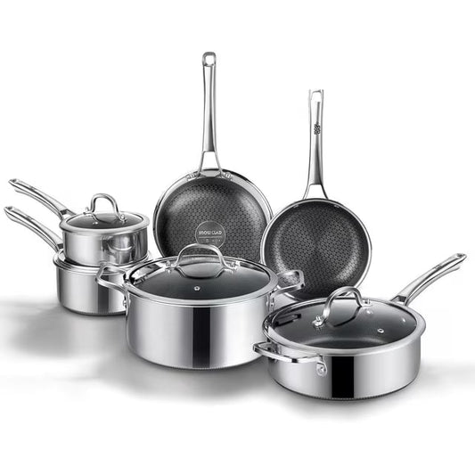 SNOWCLAD Pots and Pans Set Non-Stick | 10 Pcs Hybrid Stainless Steel Cookware Set